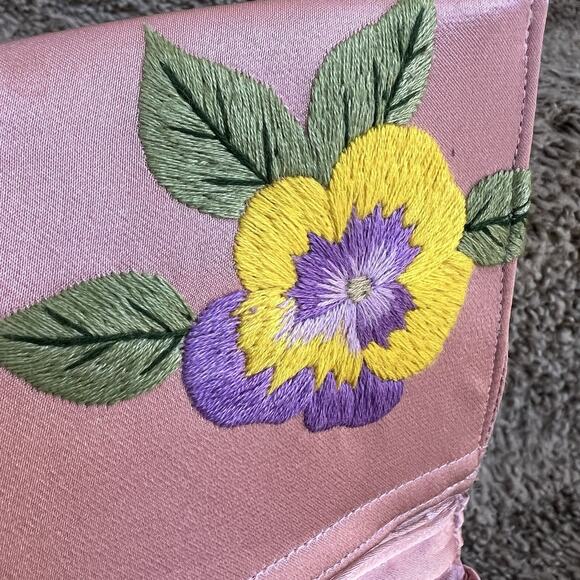 Women's Dolce Vita Pink Satin Embroidered Floral Flap Clutch Wedding Cocktail - Picture 7 of 12